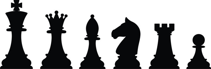 Black silhouettes of chess pieces on a white background game strategy © Mst