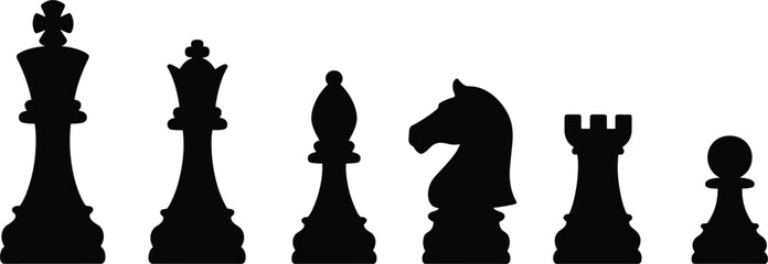 Black silhouettes of chess pieces on a white background game strategy © Mst