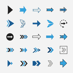 Extensive Collection of Blue and Black Arrow Direction Icons on Isolated White Background