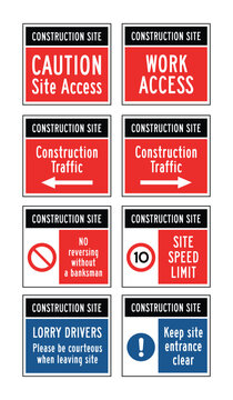 Construction Site Access and Traffic Signs Set &ndash; Work Access, Construction Traffic Arrows, Site Speed Limit, No Reversing Without Banksman, Lorry Drivers Notice, Entrance Safety Signage