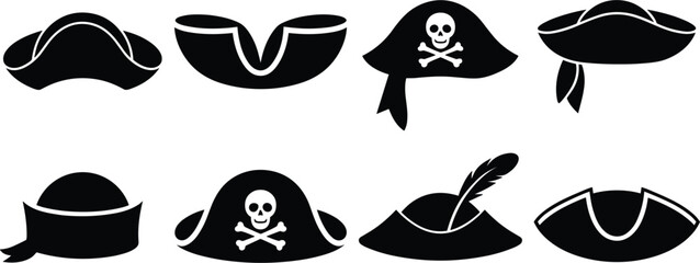 Collection of eight black pirate hat silhouettes with skull and crossbones and feather accents Keywords: pirate hat, skull © Mst