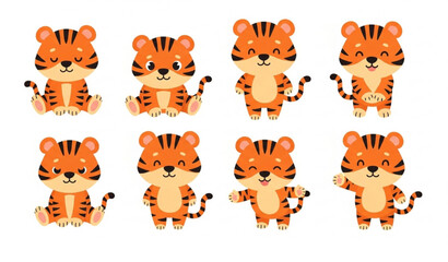 Fototapeta premium Cute Cartoon Tiger Mascot Vector Set for Kids Nursery