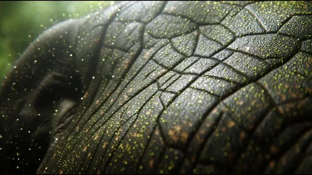 Close-up textured skin of a large turtle in a lush green forest, with dappled sunlight and floating pollen