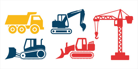 Construction Vehicle Silhouettes Dump Truck Excavator Crane Bulldozer And Loader On White Keywords: construction, vehicle, truck © Mst