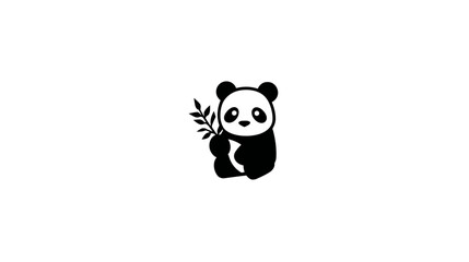 Obraz premium Charming hand-drawn style cartoon panda illustration. Cute baby panda bear sitting and holding a bamboo branch on a clean white background.