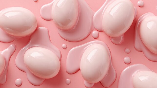 Pale pink eggs sit in a matching fluid on a plain surface, glossy and oddly satisfying