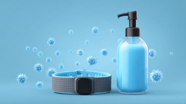 Sanitizer & smart band amidst floating virus particles, soft blue backdrop