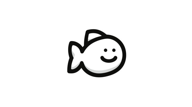 Simple black and white cartoon fish icon with a happy smile. Cute hand-drawn aquatic animal doodle illustration on a clean white background.