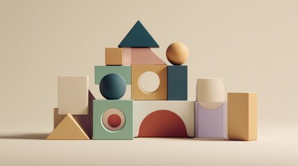 Assembled abstract stack of geometric shapes in warm, neutral tones with soft lighting