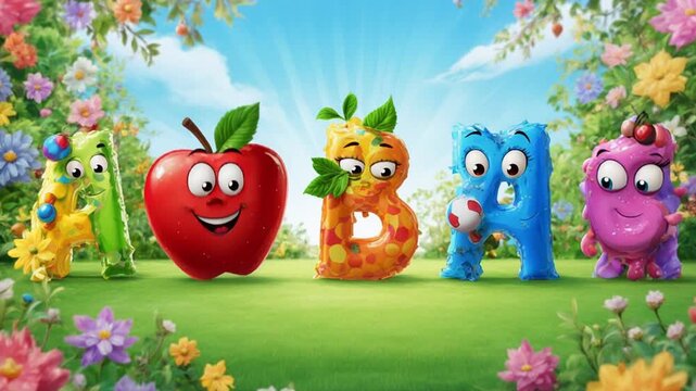 Colorful cartoon fruit and letters.