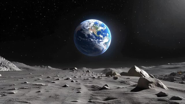 Earth globe rising above the rocky lunar surface beneath a starry sky, manned moon mission program