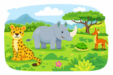 Naklejka premium Cheerful cartoon African animals on green savanna: spotted cheetah, rhinoceros, tortoise and antelope near acacia tree and hills. Colorful children vector for nursery posters and learning.