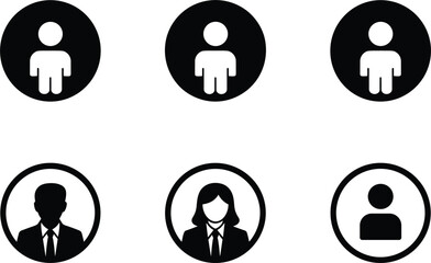 Fototapeta premium Six black and white silhouette icons of people in circles representing user profiles Keywords: people, user, profile, icon