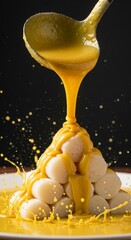 Spoon Pouring Yellow Sauce on Dumplings.