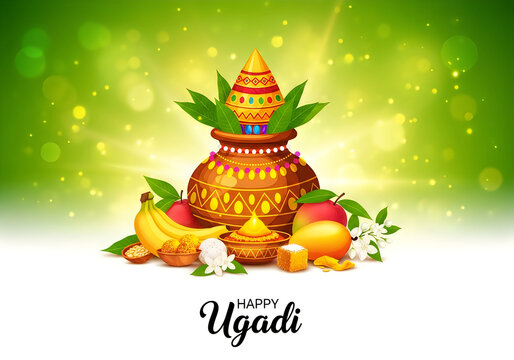 Happy Ugadi festival greeting with Kalash, fruits, and traditional Indian sweets