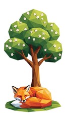 Sleeping Fox Under Floral Tree Illustration.
