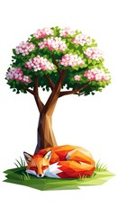 Sleeping Fox Under Blossoming Tree Illustration.