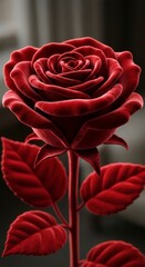 Close-up of a red rose with leaves.