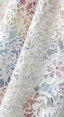 Delicate White Lace Fabric with Floral Pattern.