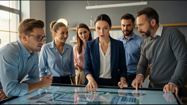 Diverse Business Team Collaborating on Architectural Blueprint in Modern Office - Reviewing Plans with Focused Discussion and Strategic Planning for a New Project