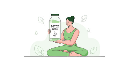Woman in Yoga Pose Holding Detox Juice Bottle, Healthy Lifestyle