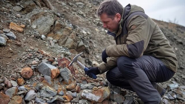 Field geologist examining rock samples with pick hammer at quarry site. Professional researcher in outdoor gear analyzing mineral deposits during survey. Panning camera movement.