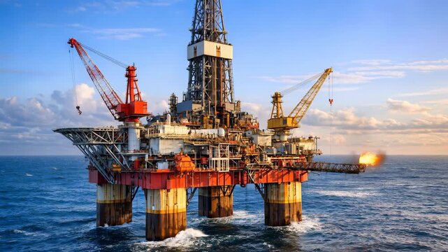 Offshore oil platform with burning gas flare in open sea. Wide shot of industrial drilling rig at sunset.