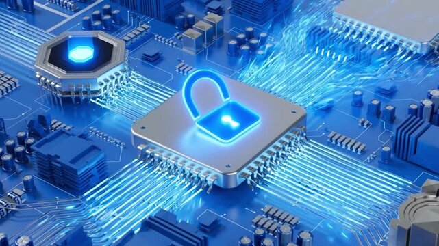 Closeup of a blue electronic computer circuit board with processor chip and digital hardware components