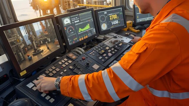Professional technician operating complex drilling control panel on offshore platform. Lockdown shot of hands adjusting dials and buttons during sunset.