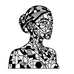 Naklejka premium Intricate geometric patterns forming a woman's upper body in profile on isolated white background, showcasing abstract and modern design