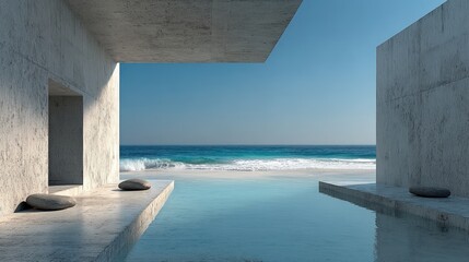 Obraz premium Modern architectural structure overlooking the ocean, featuring a pool and concrete elements