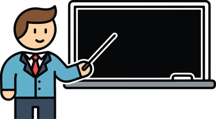 Business presentation icon set. Includes businessman, laptop, presentation, teaching, and education symbols. Created in flat style with blue palette