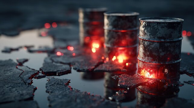 Oil barrels on abstract world map red background. Crude oil production and refining industry. Copy paste, place for text