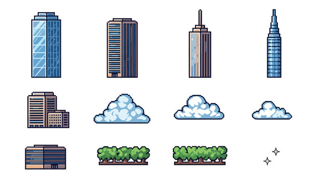 Pixel art skyscrapers and clouds with greenery and stars