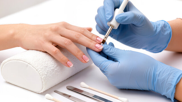 Professional pink gel polish application in a nail salon