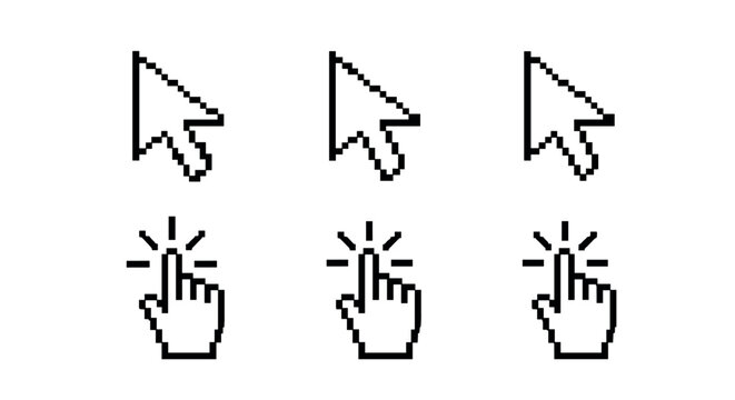 Pixel art cursor icons set with arrow and hand click in minimalist black and white design