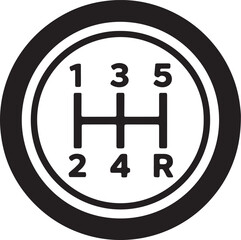 Black and white of a five speed manual transmission gear shift pattern with numbers 1 3 5 on and 2 4 R on the bottom within a circular frame also transparent background