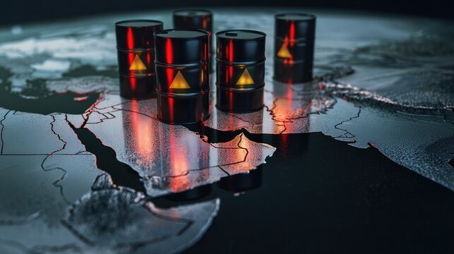 Oil barrels on abstract world map red background. Crude oil production and refining industry. Copy paste, place for text