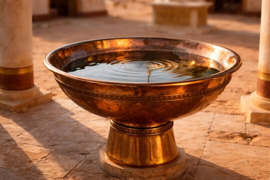 Bronze laver basin in tabernacle courtyard with reflective water