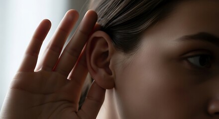 Fototapeta premium Womans hand near ear suggests listening or communication concept