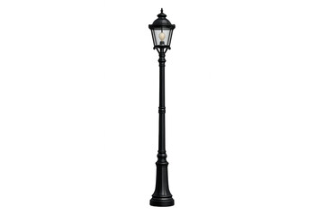 Fototapeta premium Black vintage streetlight with glowing lantern on an ornate pole, providing classic urban lighting on transparent background
