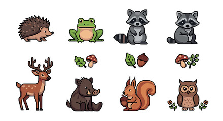 Obraz premium Cute woodland animals collection: cartoon forest creatures with nature elements