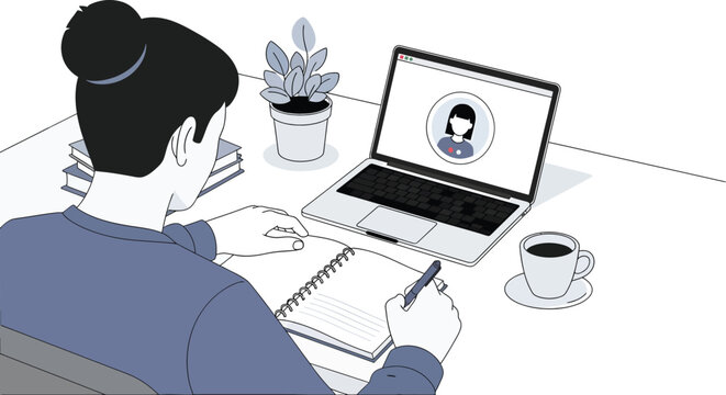 Woman working on laptop taking notes and participating in a video call