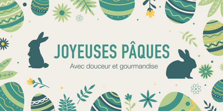 Banni&egrave;re festive de P&acirc;ques avec &oelig;ufs d&eacute;coratifs, silhouettes de lapins et message Joyeuses P&acirc;ques. Id&eacute;ale pour cartes, r&eacute;seaux sociaux, site web et communication printani&egrave;re