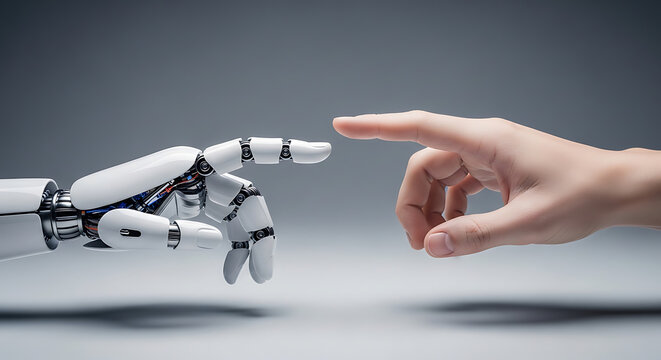A robotic hand and a human hand reaching out to touch index fingers, symbolizing connection, artificial intelligence, and the future of human-robot interaction.