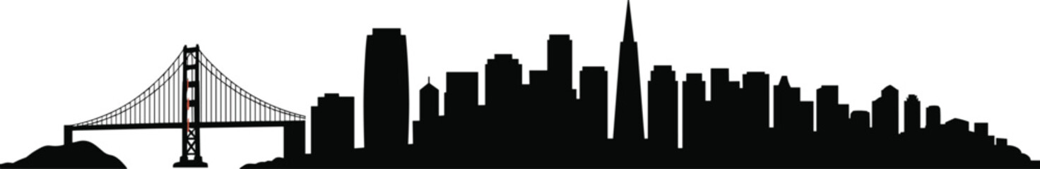 San Francisco City Skyline Silhouette with Golden Gate Bridge and Hills vector illustration