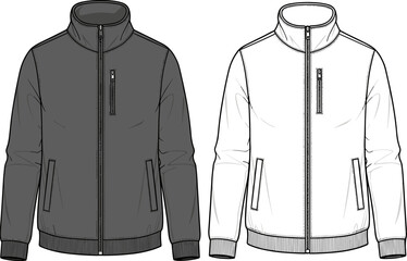 Men Bomber Jacket Technical Sketch Flat Illustration, Zip-up Sweatshirt Fashion Template Vector © ASH Labs