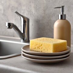 Kitchen sponge and soap dispenser on modern sink countertop