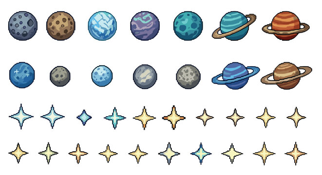 Colorful pixel art planets and stars collection for space-themed designs