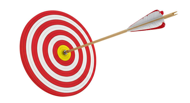 Red and white target with arrow hitting bullseye isolated on transparent background